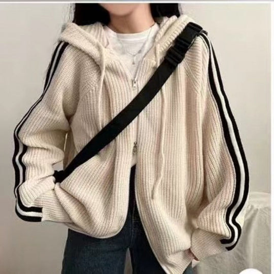 Damen lässiger Strickhoodie mit tiefem V-Ausschnitt und seitlichen Streifen R&B