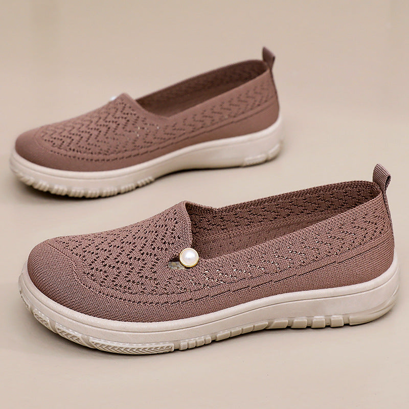 Damen Slip-On Freizeit Schuhe mit eleganter Strickoberfläche und Perlenschmuck R&B