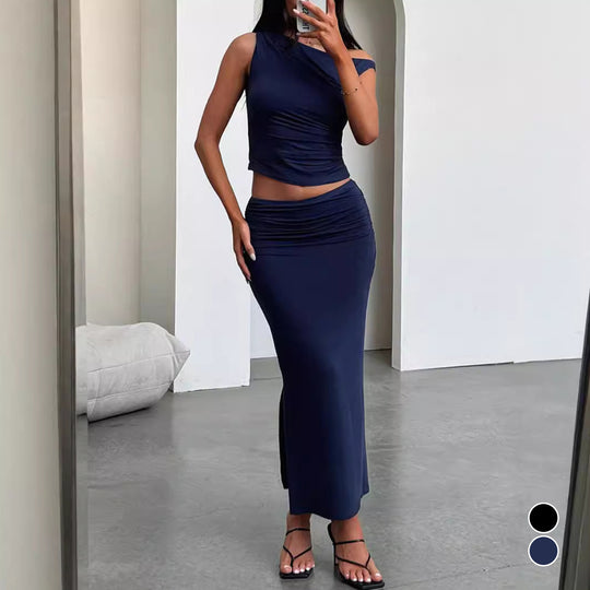 Damen Set aus schulterfreiem Top und Maxi-Rock in gerafftem Design R&B
