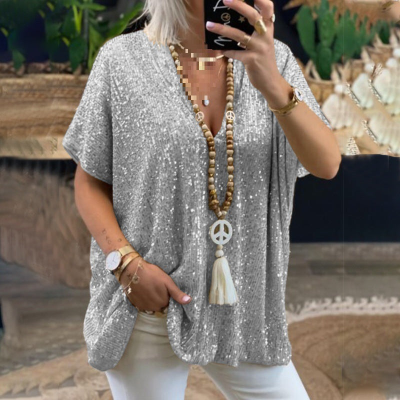 Damen Glamouröses Pailletten-Tunikashirt mit V-Ausschnitt R&B