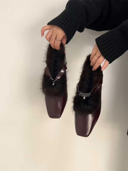 Damen elegante Pantoletten mit luxuriösem Fellbesatz R&B