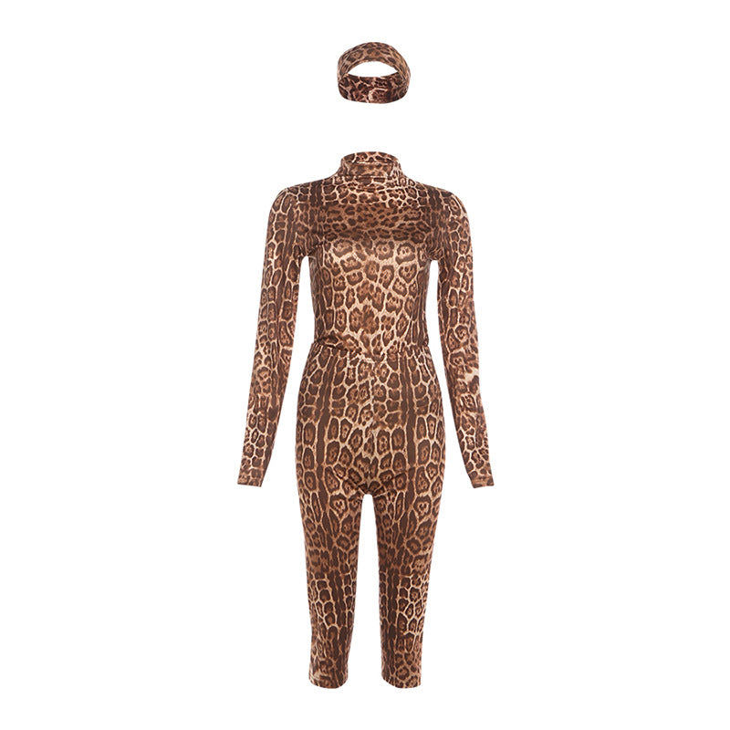 Damen Figürlicher Tiermuster-Jumpsuit mit großzügigem Stehkragen und langem Arm R&B