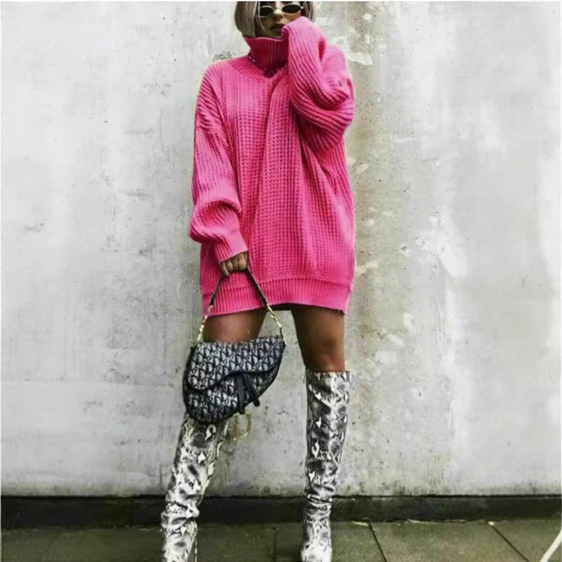 Damen Oversized Strickpullover mit hohem Kragen und Waffelmuster R&B