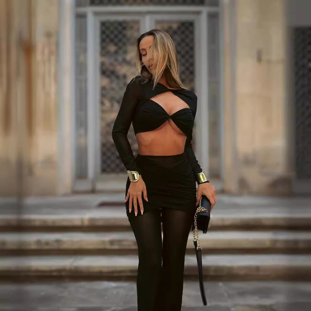 Damen elegantes Crop-Top und weit geschnittene Hose Set R&B