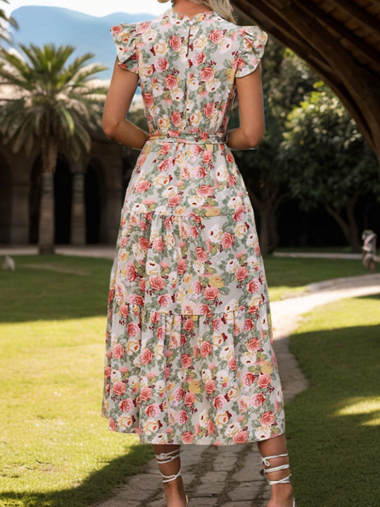 Damen Floral Maxikleid mit Taillengürtel und voluminösen Ärmeln R&B