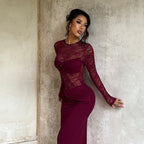 Damen Elegantes Langarm-Spitzenkleid mit tailliertem Design R&B