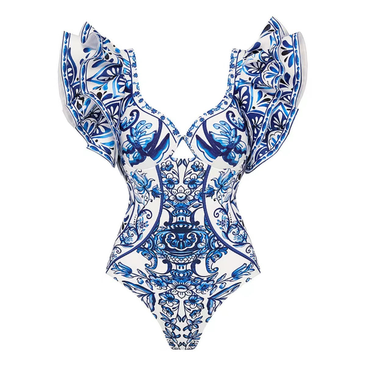Damen Badeanzug-Set mit voluminösen Rüschendetails und elegantem Wickelrock R&B