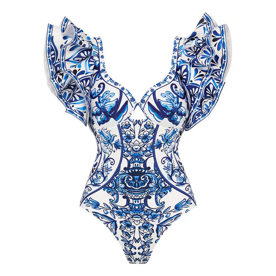 Damen Badeanzug-Set mit voluminösen Rüschendetails und elegantem Wickelrock R&B