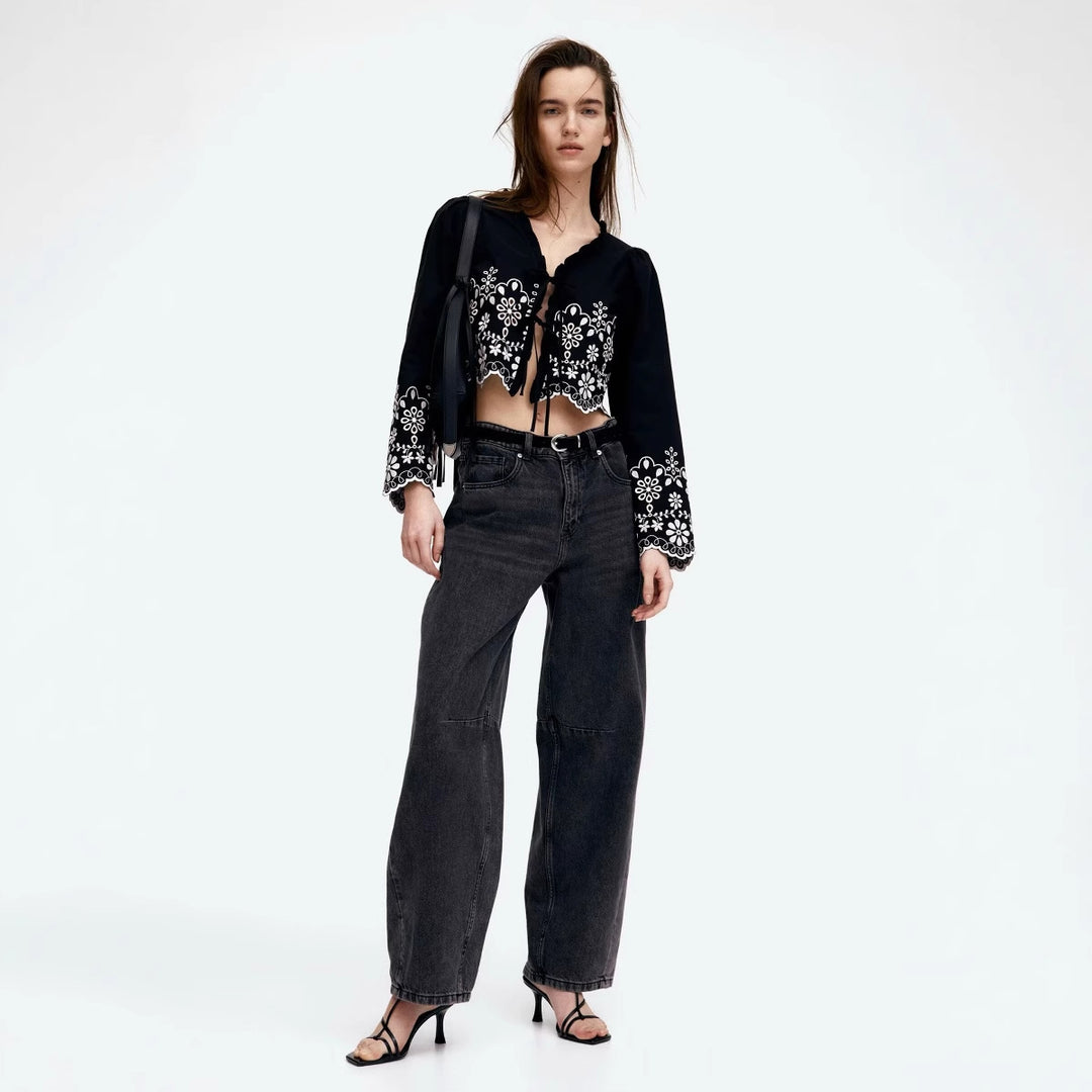 Damen elegante Bluse mit floralen Stickereien und Rüschen R&B