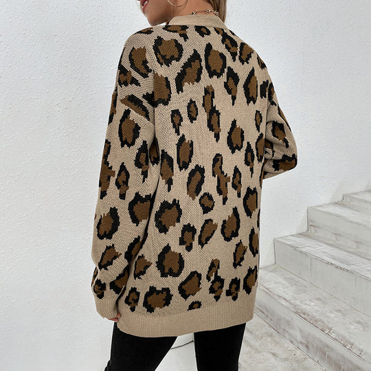Damen modische Strickjacke mit Leopardenmuster und praktischen Taschen R&B