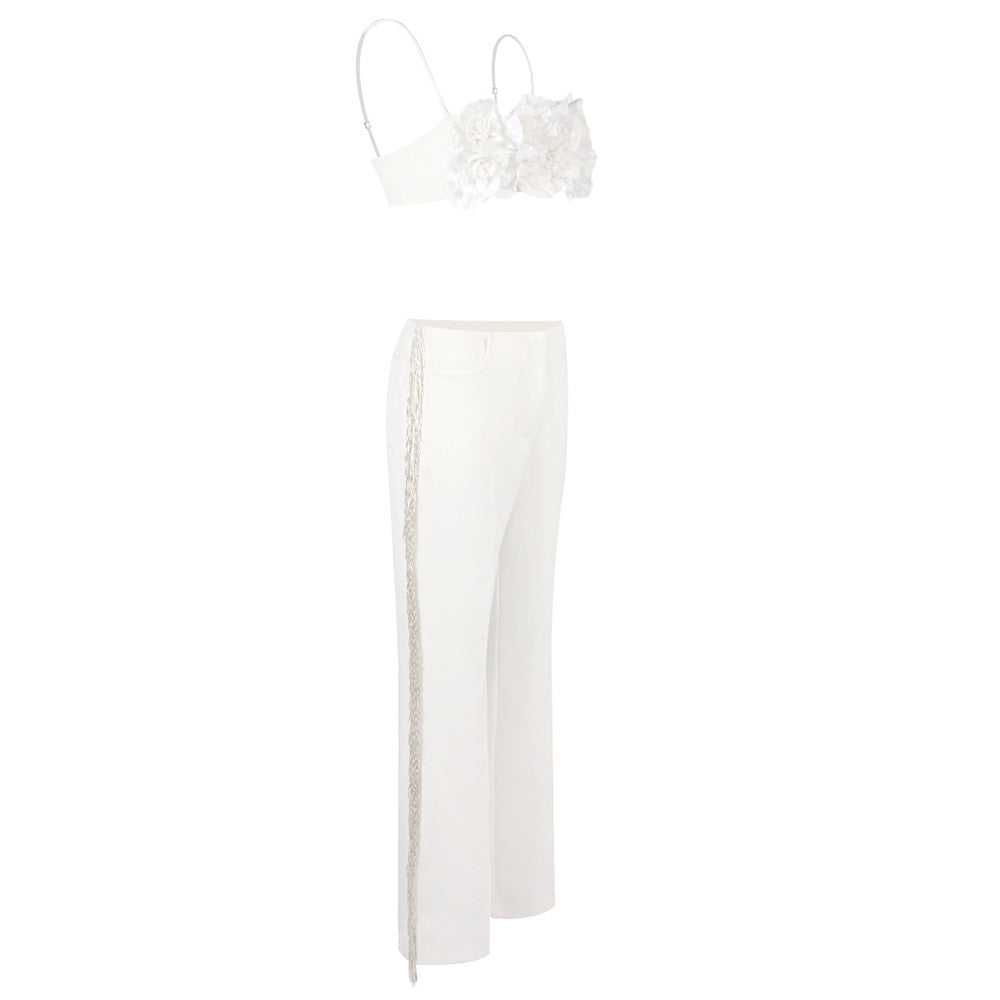 Damen elegantes Oberteil mit floralen Applikationen und schmalem Hosenanzug R&B
