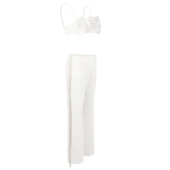 Damen elegantes Oberteil mit floralen Applikationen und schmalem Hosenanzug R&B