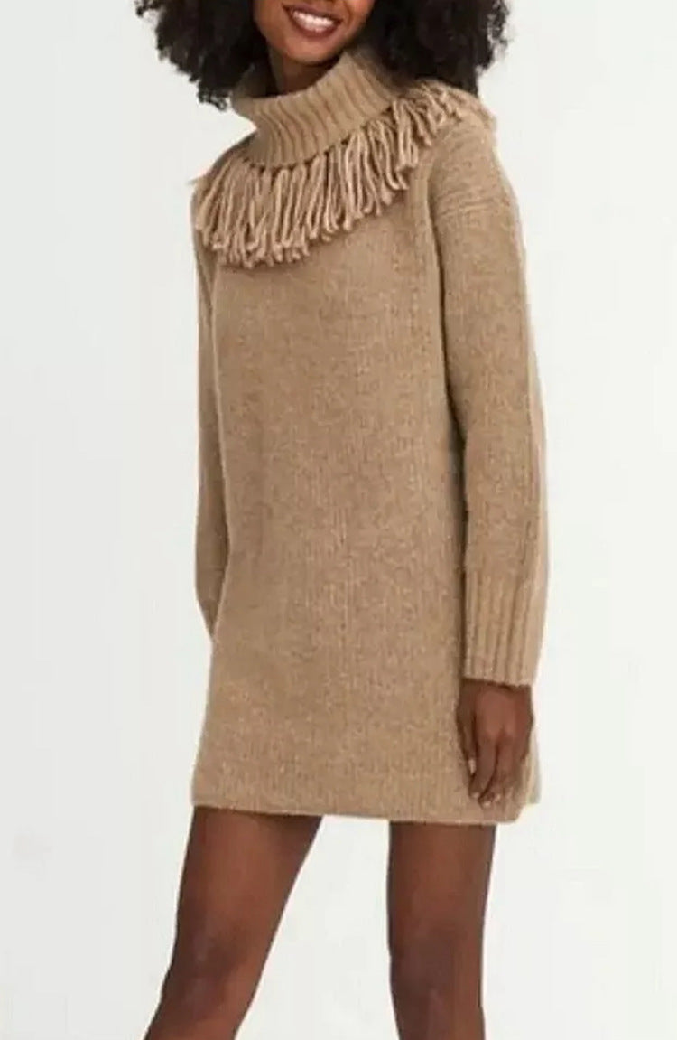 Damen Strickkleid mit hohem Rollkragen und modischen Fransen R&B
