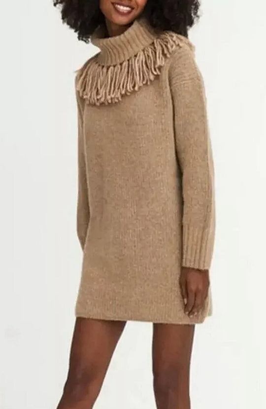 Damen Strickkleid mit hohem Rollkragen und modischen Fransen R&B