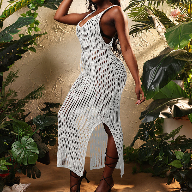 Damen Maxikleid mit raffiniertem Häkelmuster und seitlichem Schlitz R&B
