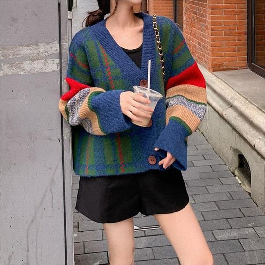 Damen Grobstrick-Cardigan mit buntem Karomuster und großen Holzknöpfen R&B