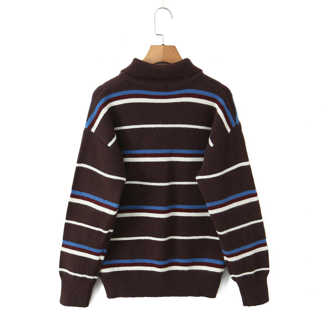 Damen gestreifter Poloshirt-Strickpullover R&B