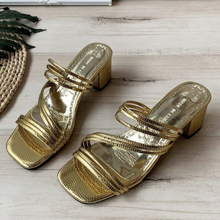 Damen nan elegante Mehrfachriemen-Mule mit mittelhohem Blockabsatz und Schlangenprägung R&B