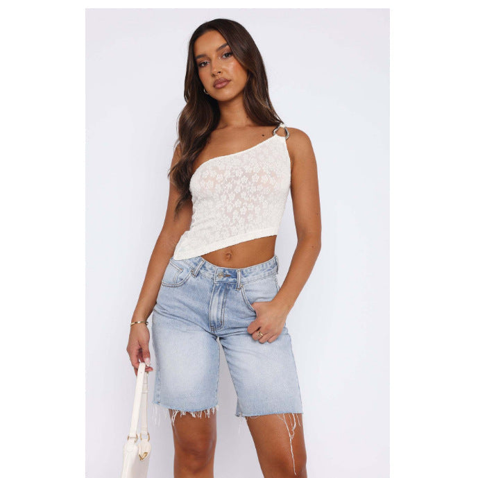 Damen asymmetrisches Spitzenoberteil mit funkelndem Ringdetail R&B