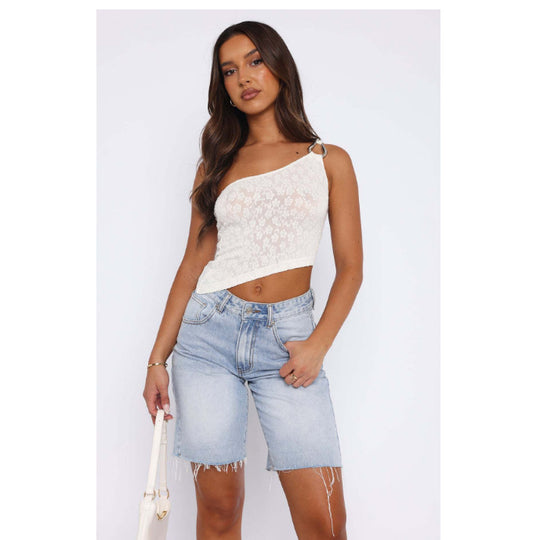 Damen asymmetrisches Spitzenoberteil mit funkelndem Ringdetail R&B
