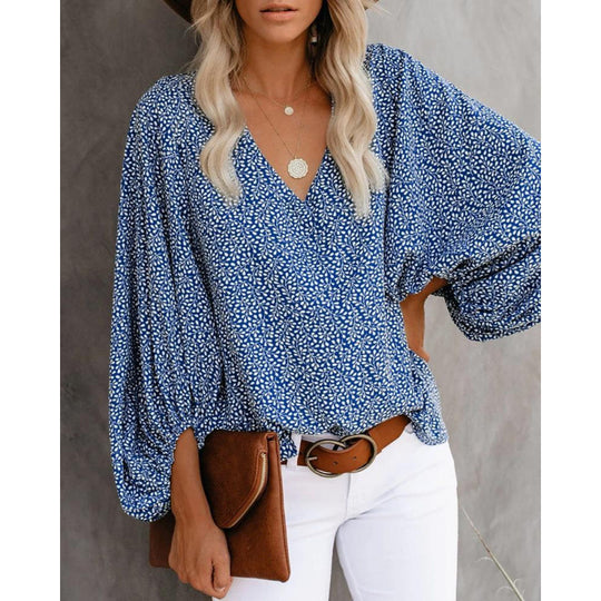 Damen Bluse mit weitem Puffärmel und eleganter V-Ausschnitt R&B