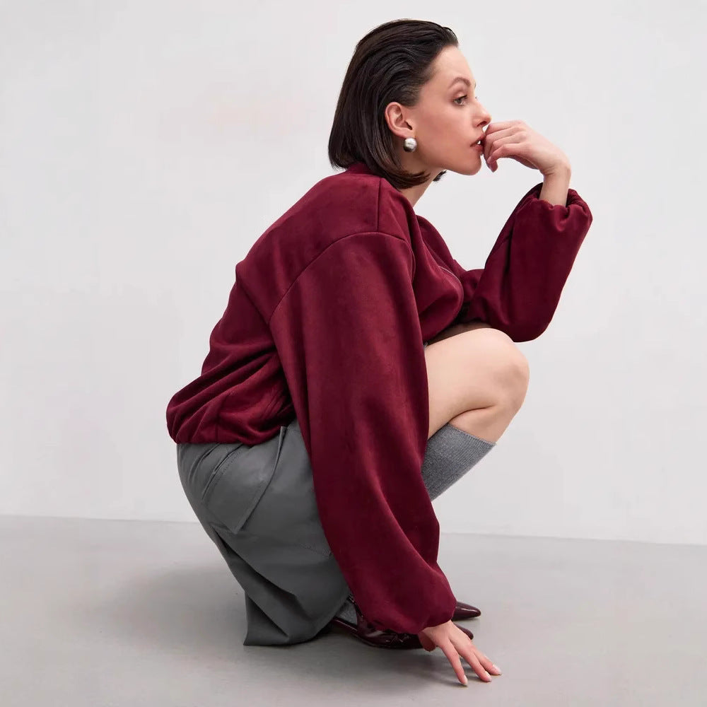 Damen weiche Oversized-Sweatjacke mit modernem Reißverschluss und seitlichen Eingrifftaschen R&B
