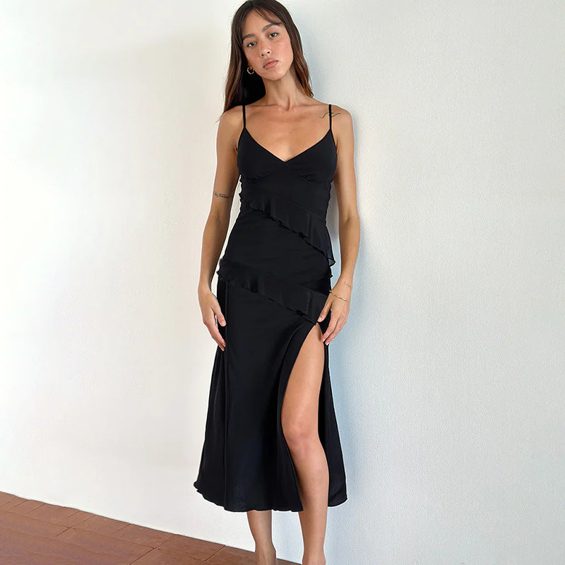Damen Elegantes Maxikleid mit verspielten Rüschendetails und tiefem Schlitz EB