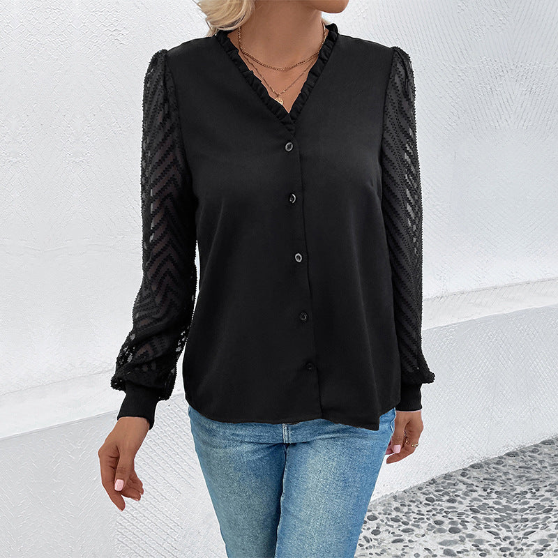 Damen elegante Bluse mit transparenten Rüschärmel und Knopfleiste R&B