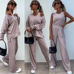 Damen nan elegantes Rippstrick-Zweiteiler Lounge-Set mit einseitigem Schulterfreischnitt und weitem Palazzo-Hosenbein R&B