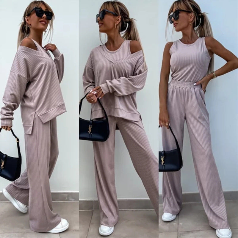 Damen nan elegantes Rippstrick-Zweiteiler Lounge-Set mit einseitigem Schulterfreischnitt und weitem Palazzo-Hosenbein R&B