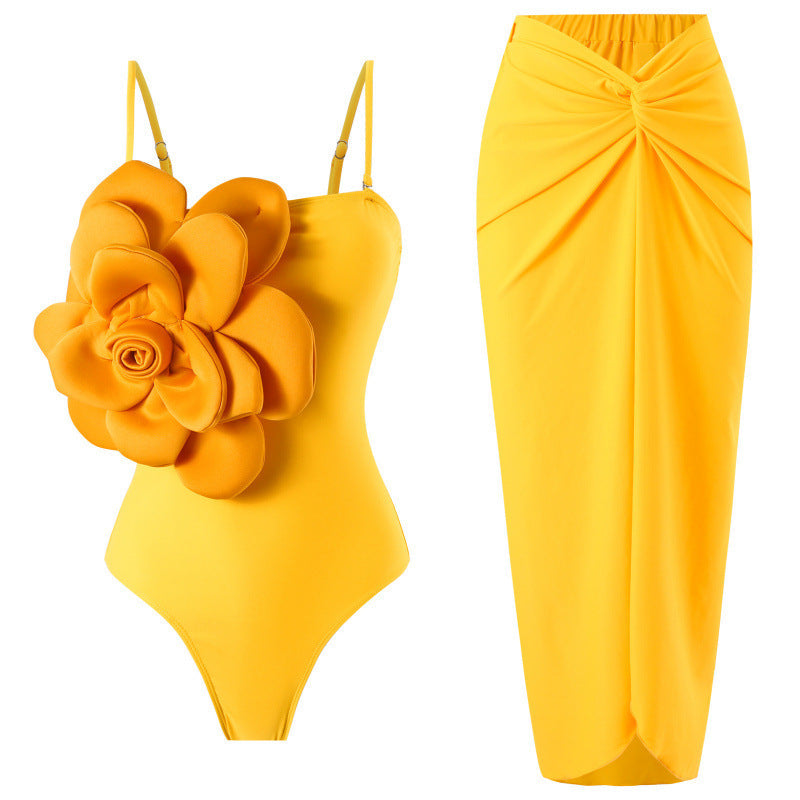Damen Einteiler Badeanzug mit modischem Blumendesign und passendem Wickelrock R&B