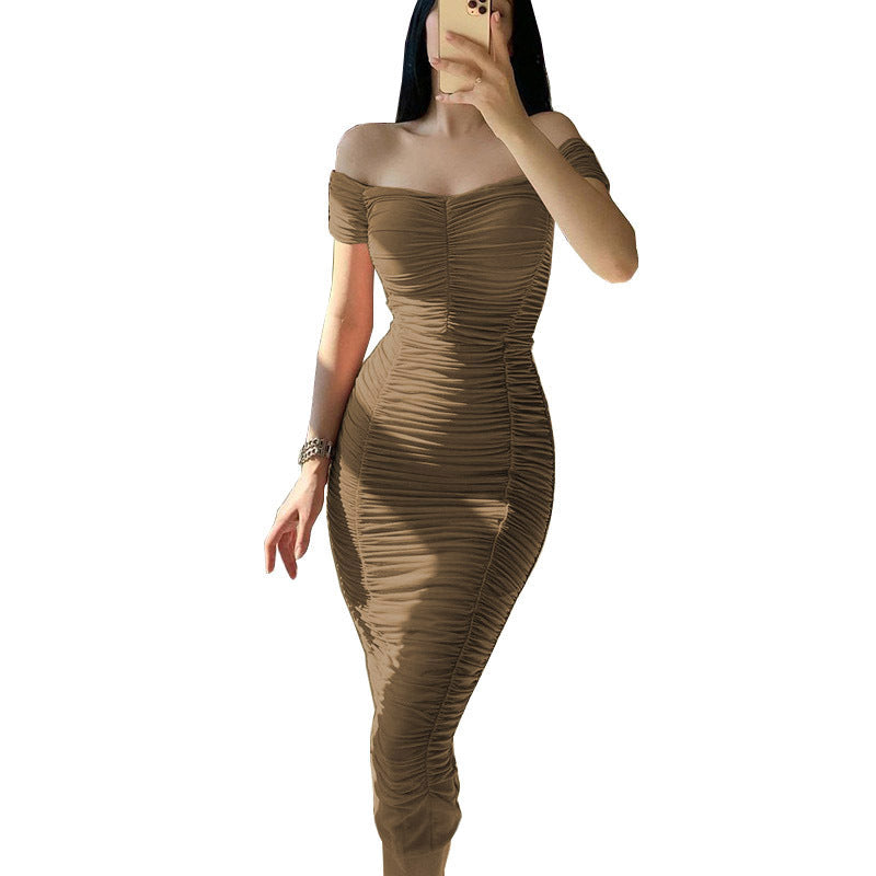 Damen figurbetontes Minikleid mit schulterfreiem Schnitt und Raffung R&B