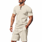 Herren nan kurzärmeliges Schnürkragen-Shirt im Waffeljersey mit Bundfalten-Bermuda R&B
