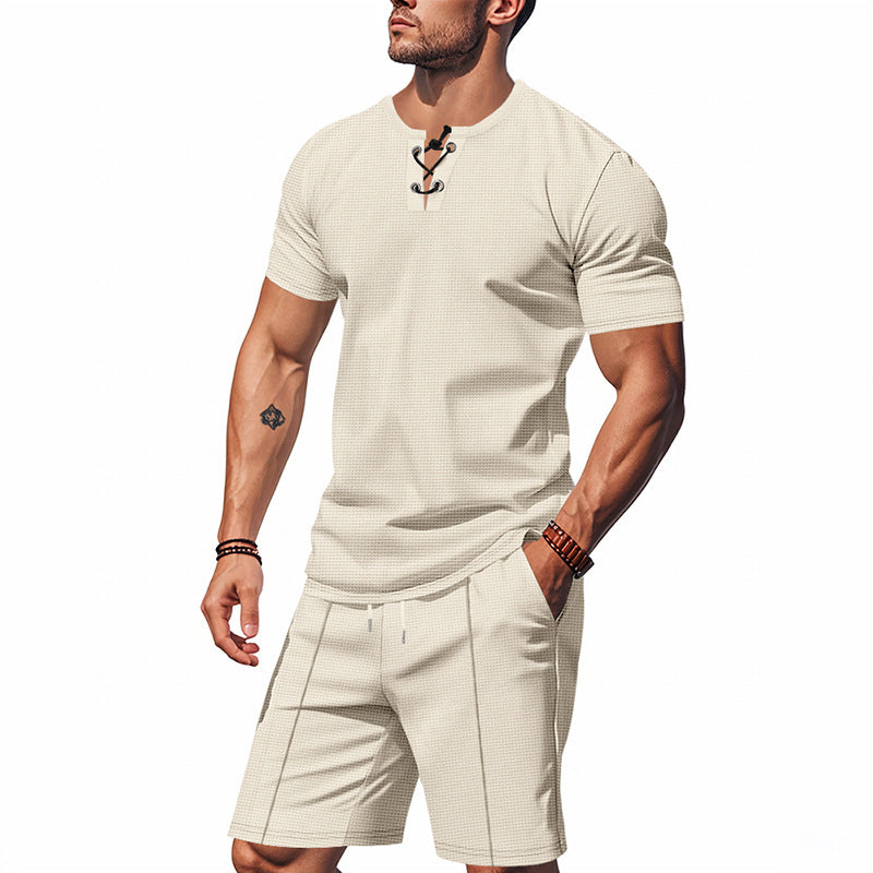 Herren nan kurzärmeliges Schnürkragen-Shirt im Waffeljersey mit Bundfalten-Bermuda R&B