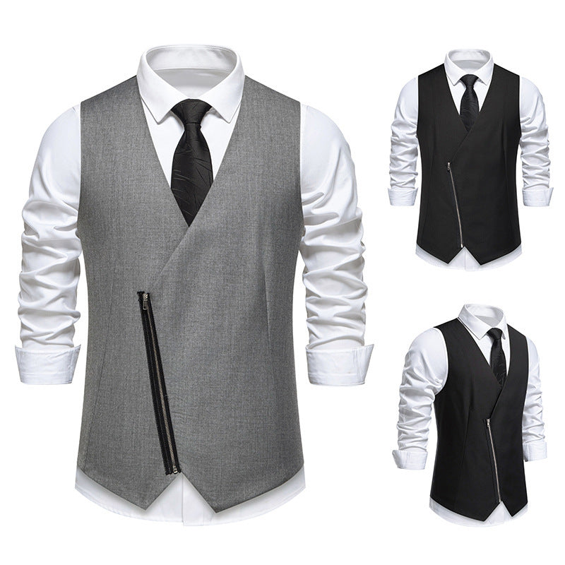 Herren moderne Anzugweste mit asymmetrischem Reißverschluss und eleganter Passform R&B