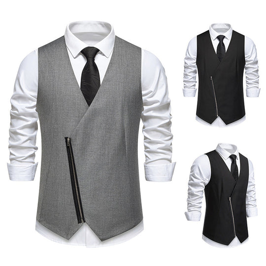 Herren moderne Anzugweste mit asymmetrischem Reißverschluss und eleganter Passform R&B