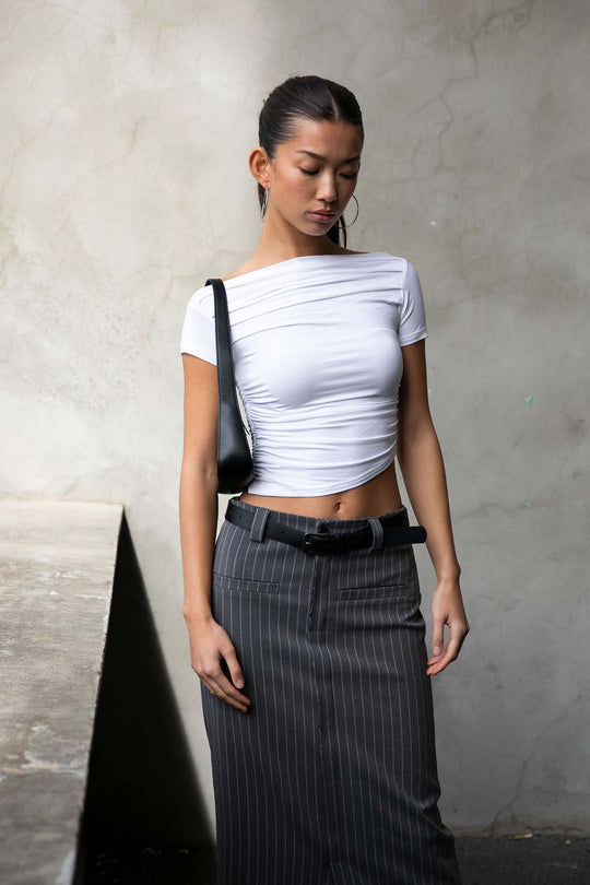 Damen figurbetontes Oberteil mit Off-Shoulder Design und Raffung R&B