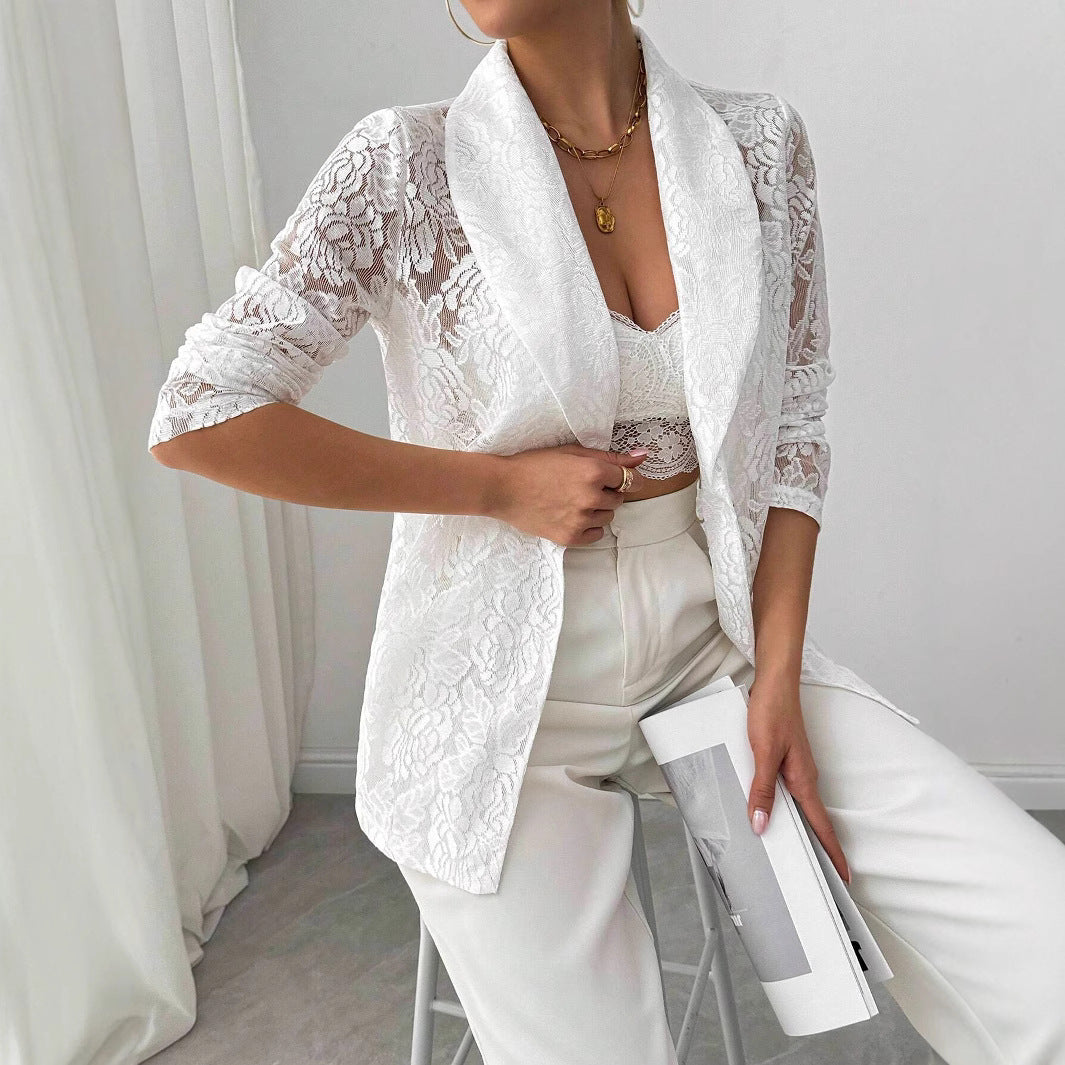 Damen nan Spitzenblazer mit Schalkragen und floraler Transparenz R&B