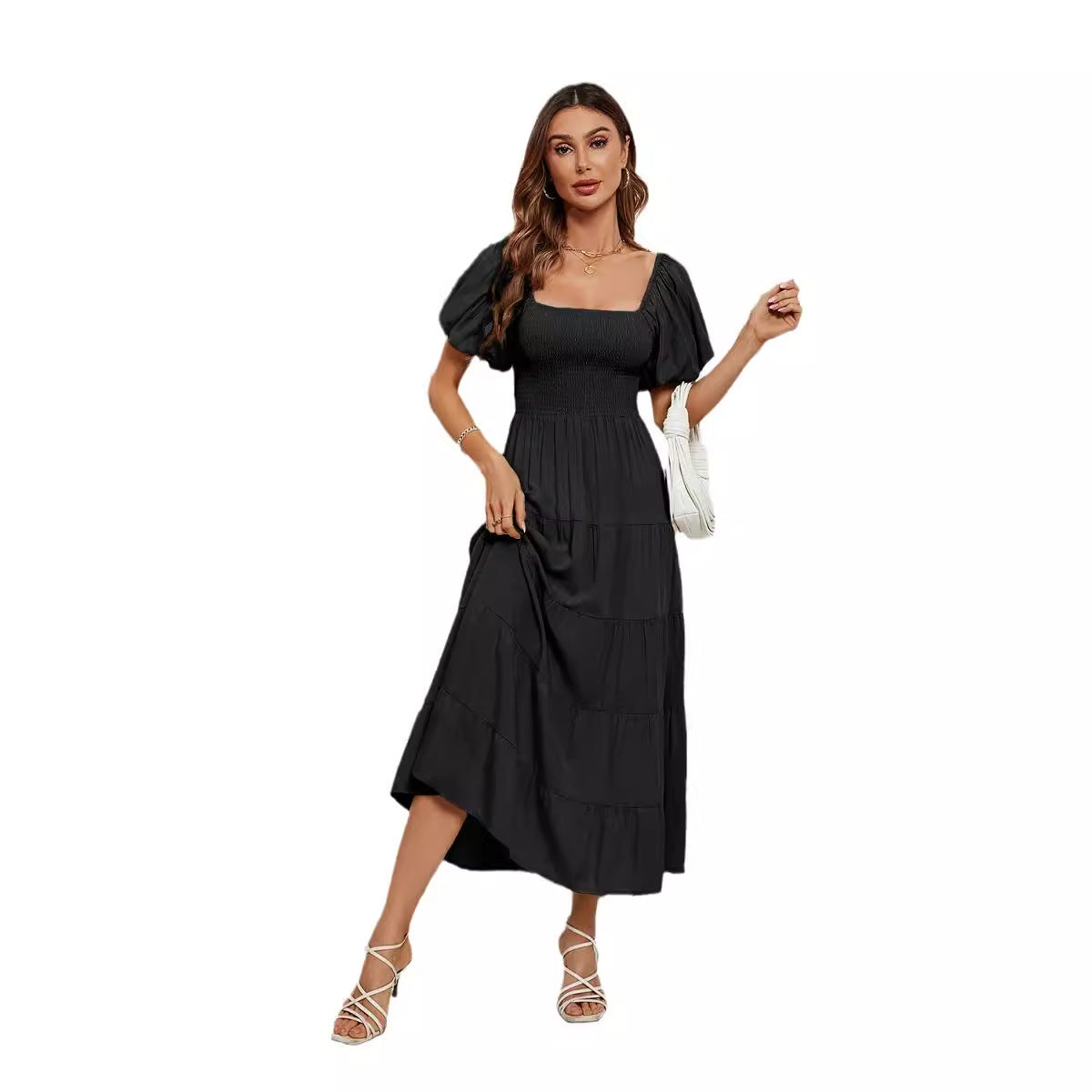 Damen Maxikleid mit Puffärmeln und elastischem Oberteil R&B