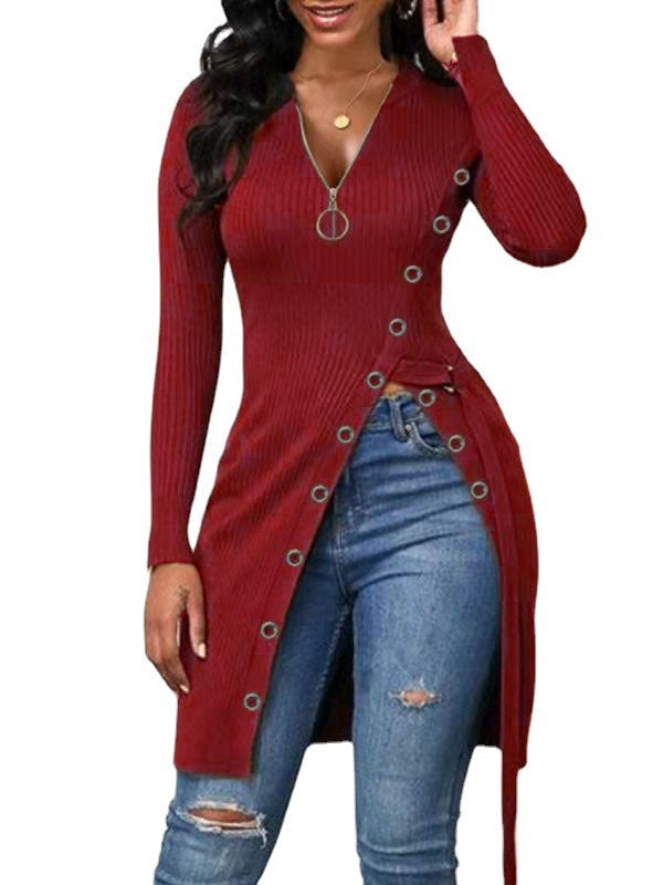Damen figurbetontes Wickelshirt mit Knopfdetails und tiefem V-Ausschnitt R&B