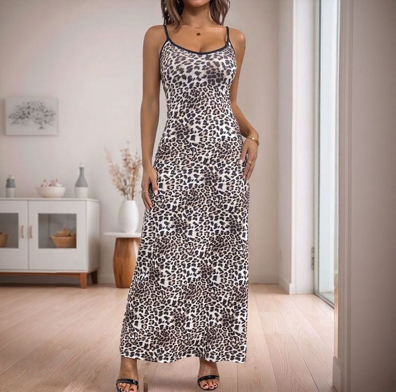 Damen Maxikleid mit zeitgemäßem Leopard-Print und verstellbaren Spagettiträgern R&B