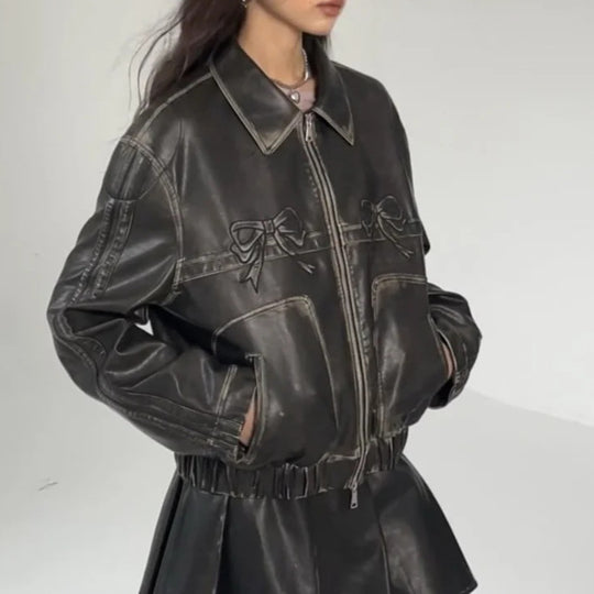 Damen Kunstlederjacke mit Rüschen und elastischem Saum R&B
