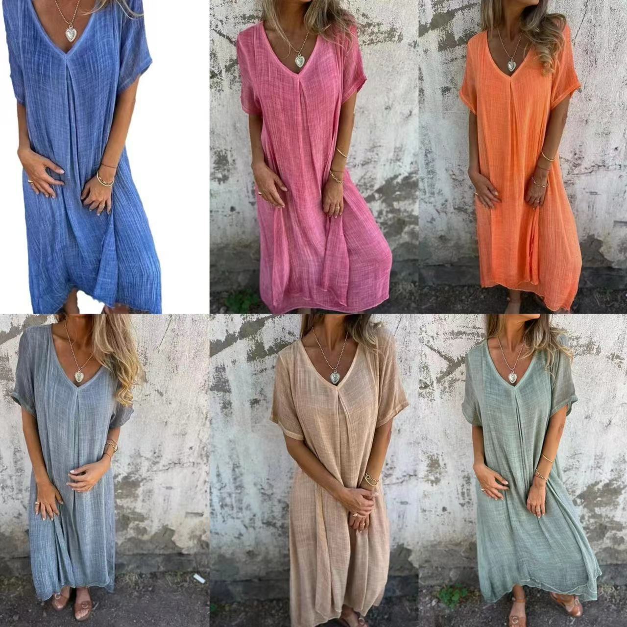 Damen Leichtes Sommerkleid mit V-Ausschnitt und weiten Ärmeln R&B