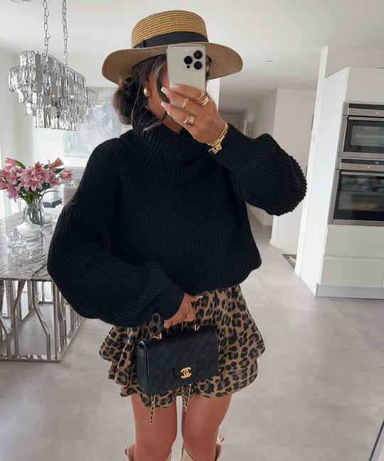 Damen Strickpullover mit hohem Kragen und voluminösen Ärmeln R&B