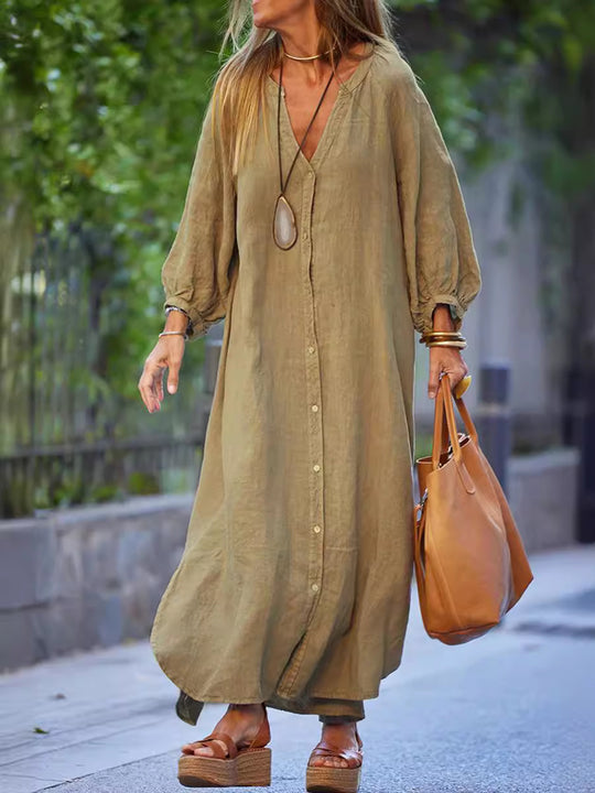 Damen Maxikleid mit Knöpfen und eleganten Ärmeln R&B