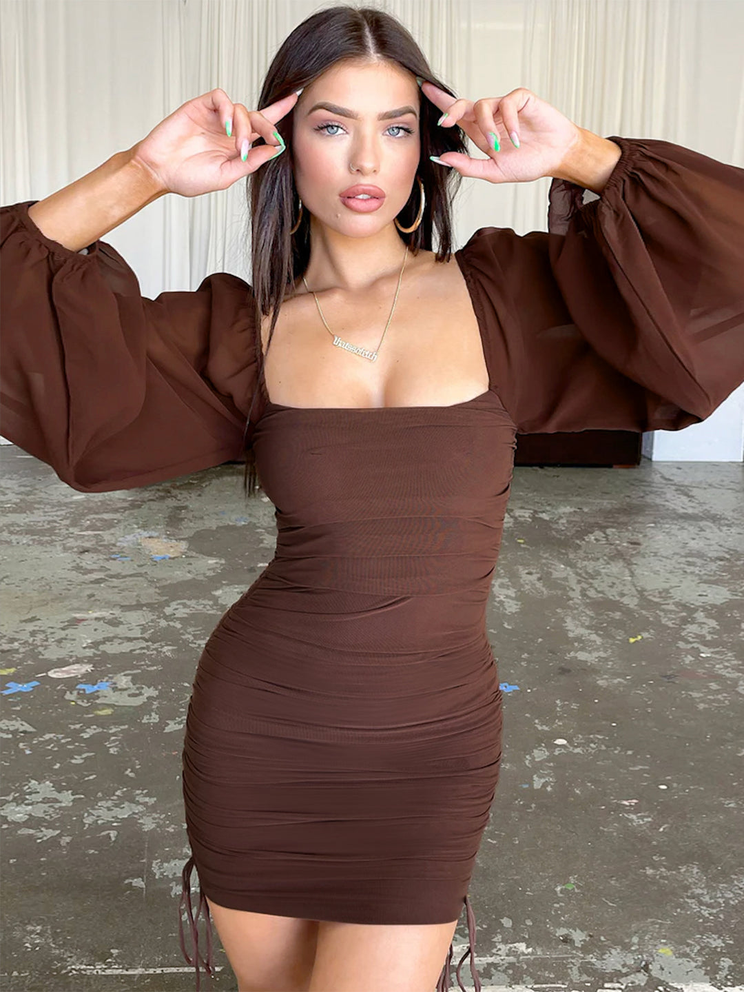 Damen Figurbetontes Minikleid mit puffärmel und seitlicher Raffung R&B