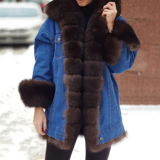 Damen Denimjacke mit luxuriös gefüttertem Kunstfellkragen R&B