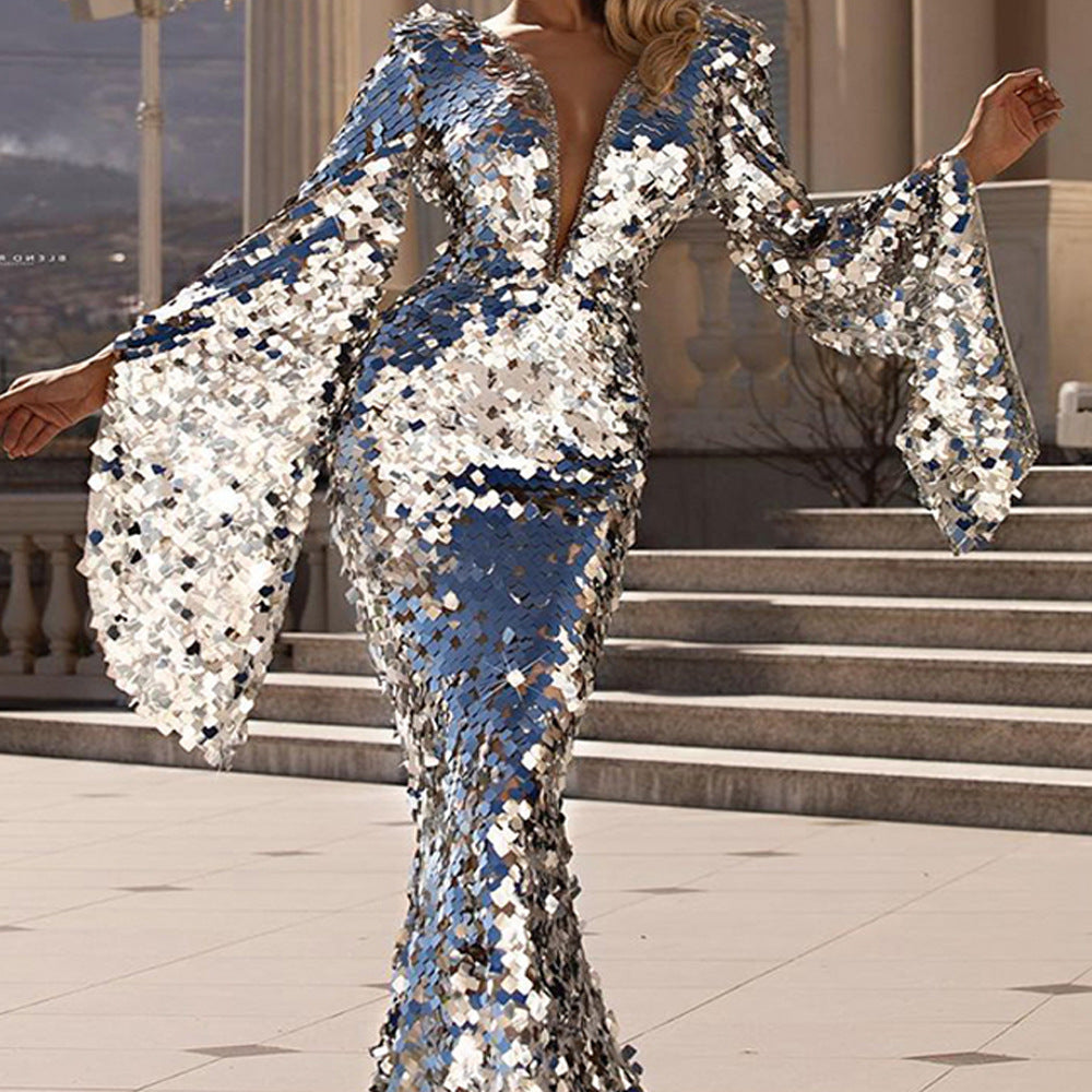 Damen Glamouröses Pailletten Abendkleid mit tiefem V-Ausschnitt und langen Ärmeln R&B