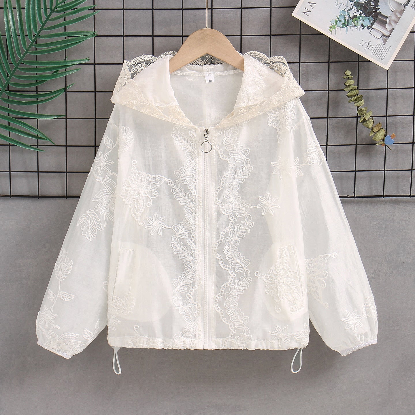 Damen nan transparente bestickte Kapuzenjacke mit Reißverschluss und Tunnelzug R&B
