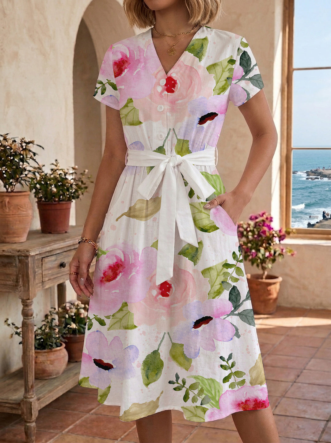 Damen Midi-Kleid mit floralem Design und bequemer Passform R&B